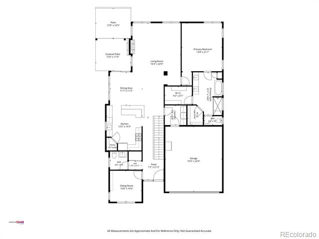 Floor plan showing the home's living and dining areas, kitchen, primary bedroom, garage, and covered patio.