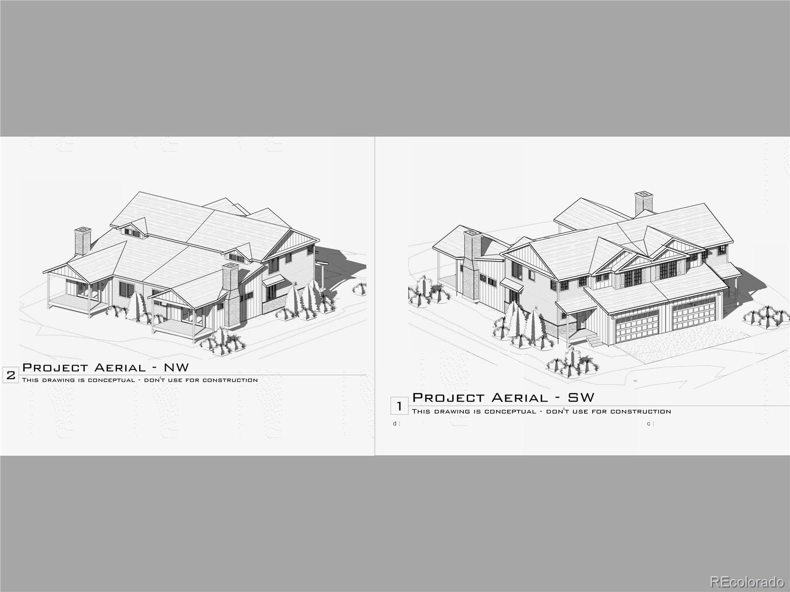 Conceptual aerial drawings of a large house with multiple gables, covered porches, and a two-car garage.