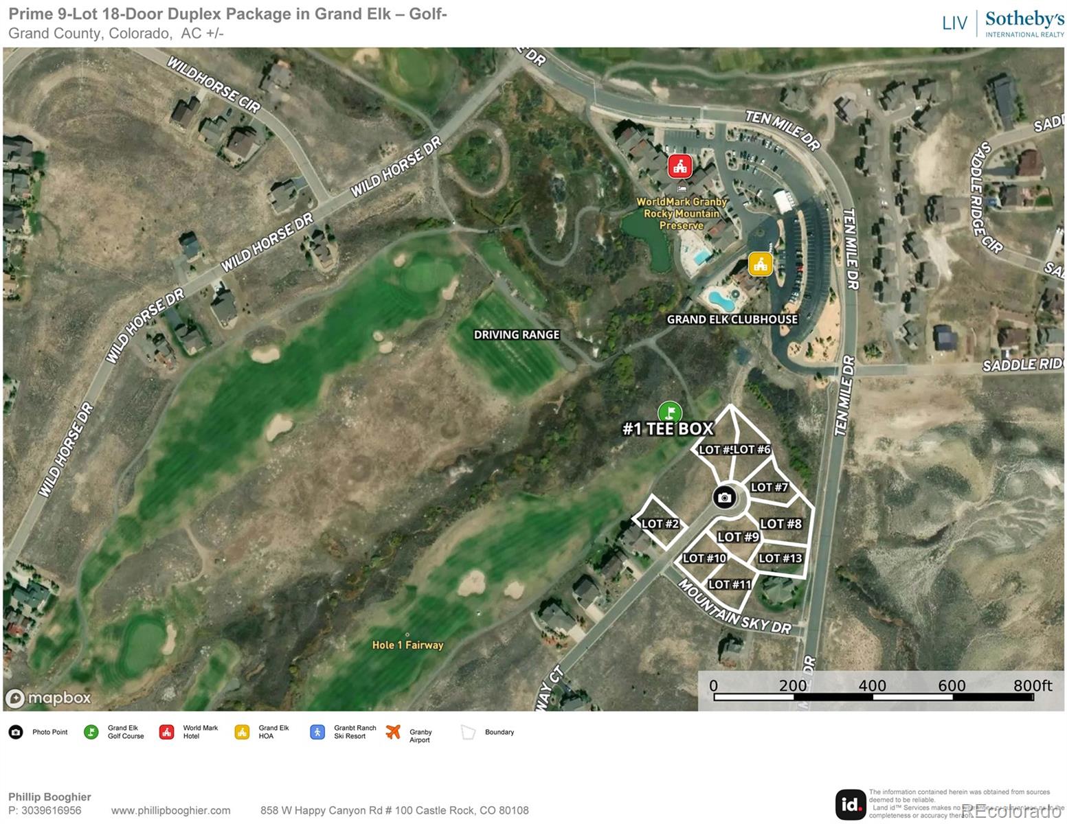 Aerial map marks nine development lots beside Grand Elk’s Hole 1 fairway, driving range, and clubhouse.