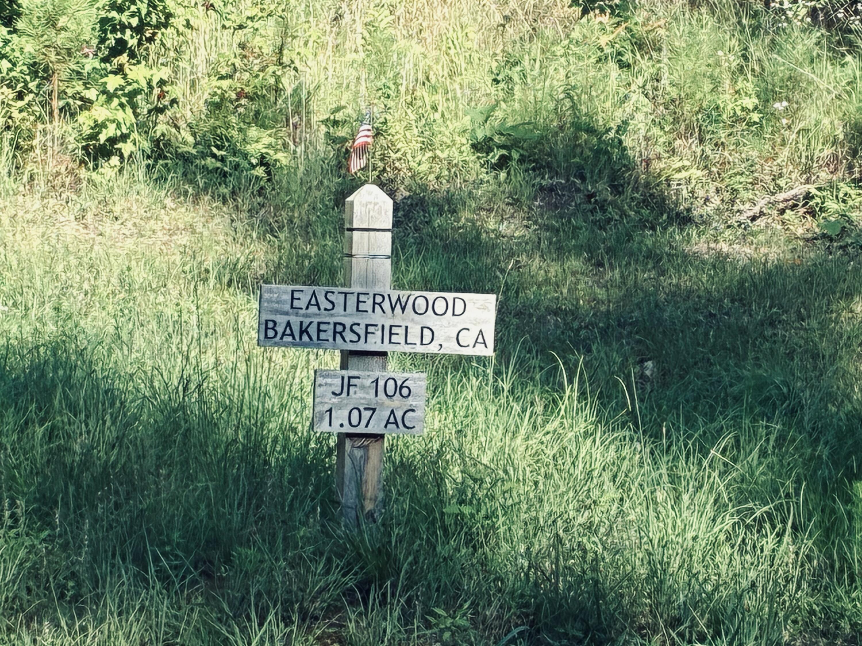 Property marker for JF 106, a 1.07-acre parcel, surrounded by tall grass.