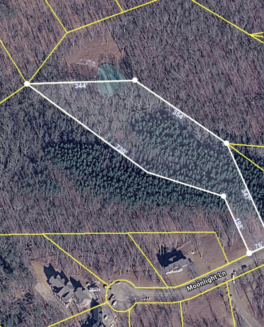 Aerial view of a wooded parcel outlined in white, with boundary measurements and Moonlight Lane nearby.