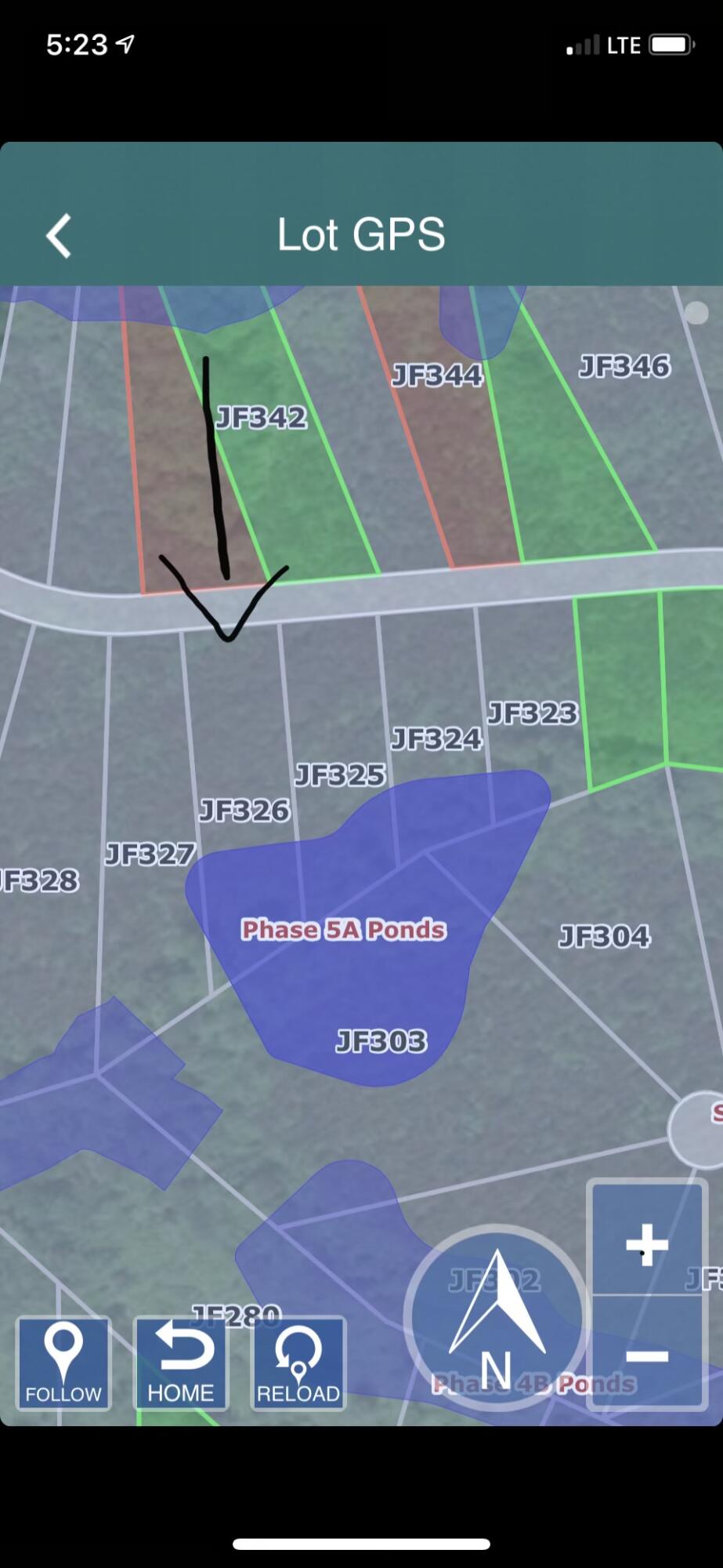 Parcel map highlighting lot JF342 with a black arrow near Phase 5A Ponds.