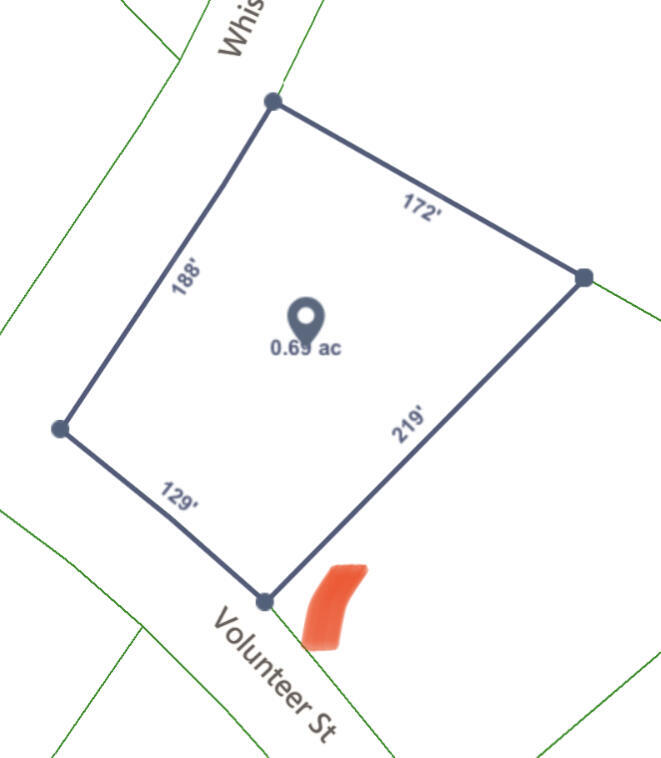 Parcel map showing a 0.6-acre lot on Volunteer St with boundary measurements.