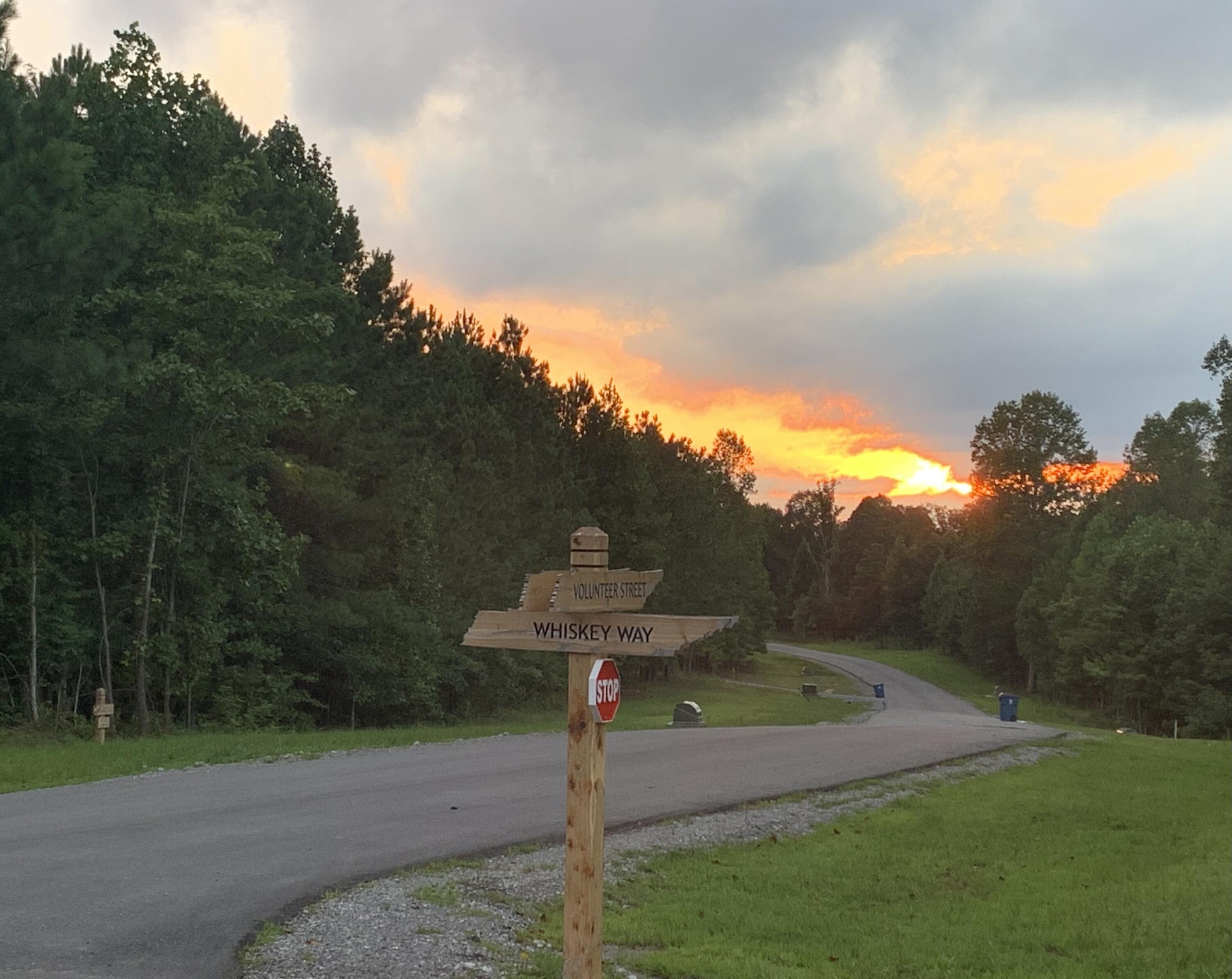 Wooded road intersection with Volunteer Street and Whiskey Way signs beneath an orange sunset.