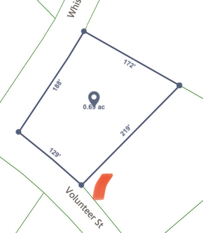 Parcel map showing a 0.6-acre lot on Volunteer Street with boundary dimensions.