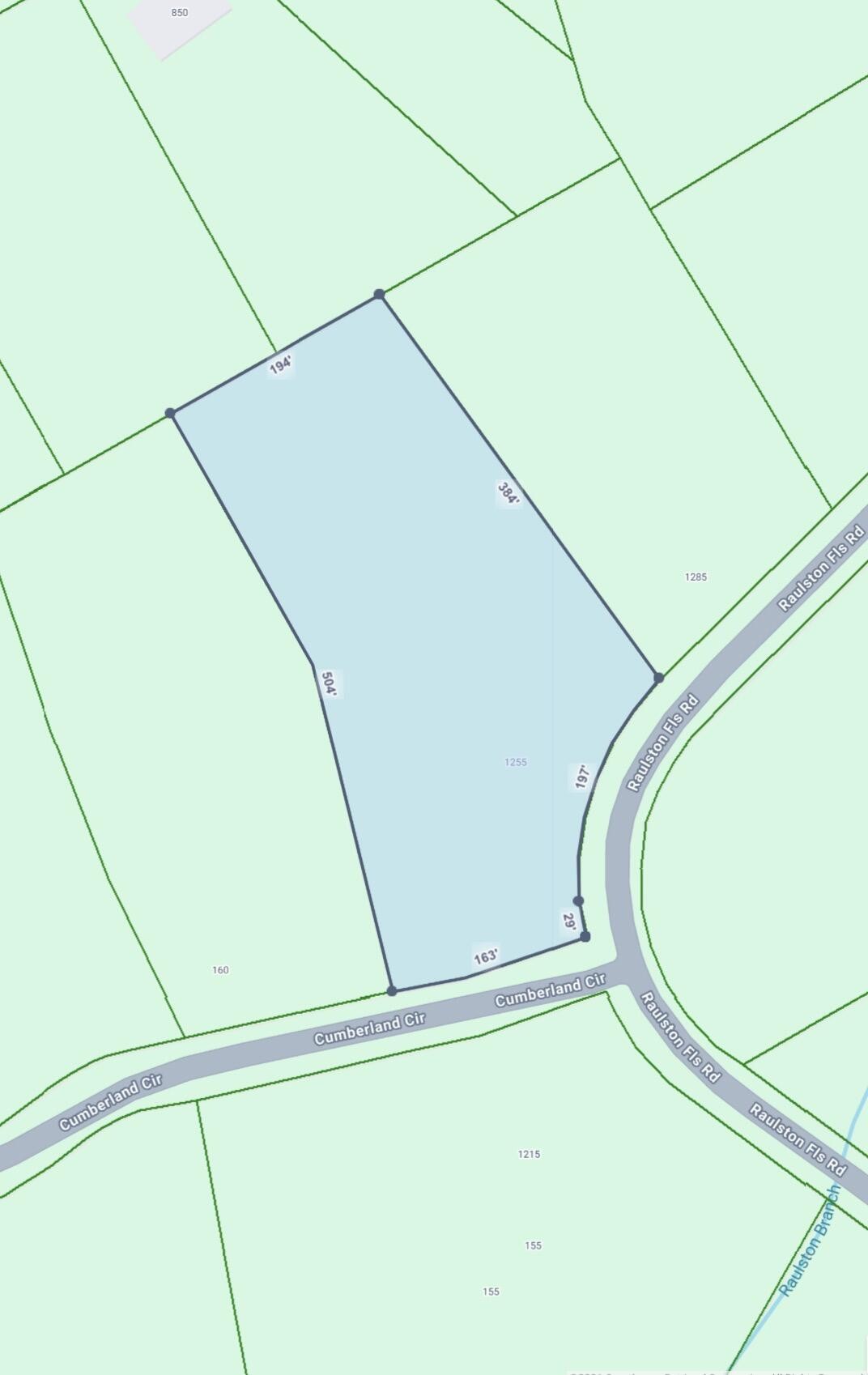 Map highlighting parcel 1255 along Raulston Fls Rd and Cumberland Cir, with boundary dimensions.