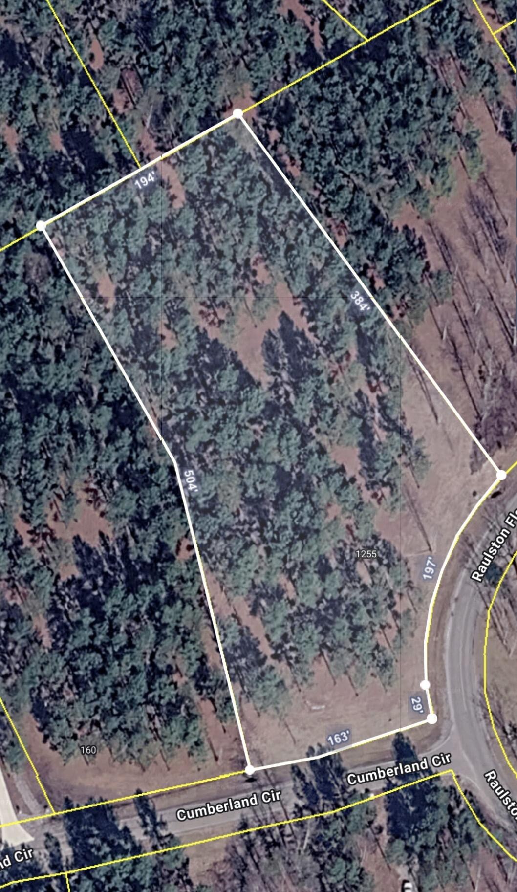 Aerial view of a wooded parcel outlined along Cumberland Circle and Raulston Falls Road.