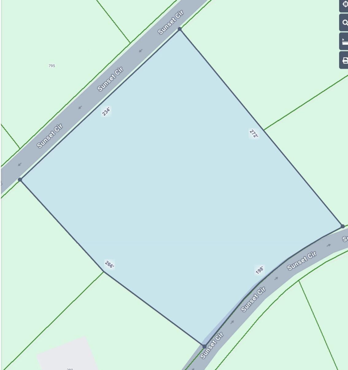 Map of a highlighted parcel on Sunset Circle with boundary lengths marked.
