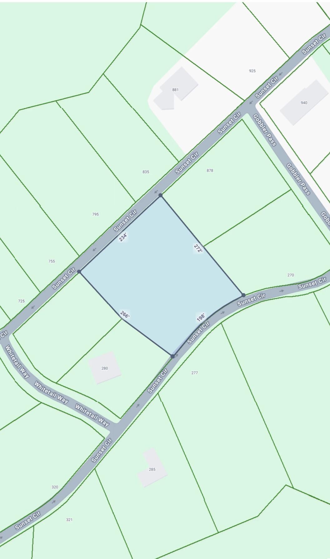 Parcel map highlighting a lot on Sunset Circle near Whitetail Way and Gobbler Pass.