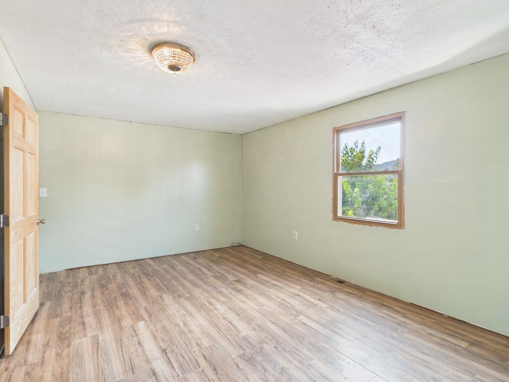 Vacant room with pale green walls, wood-look flooring, and a window.