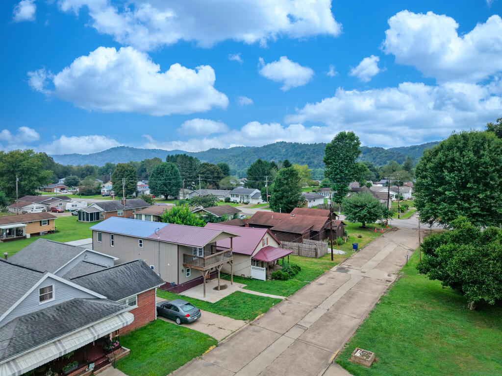 Aerial view of a residential street with green lawns and wooded hills beyond.