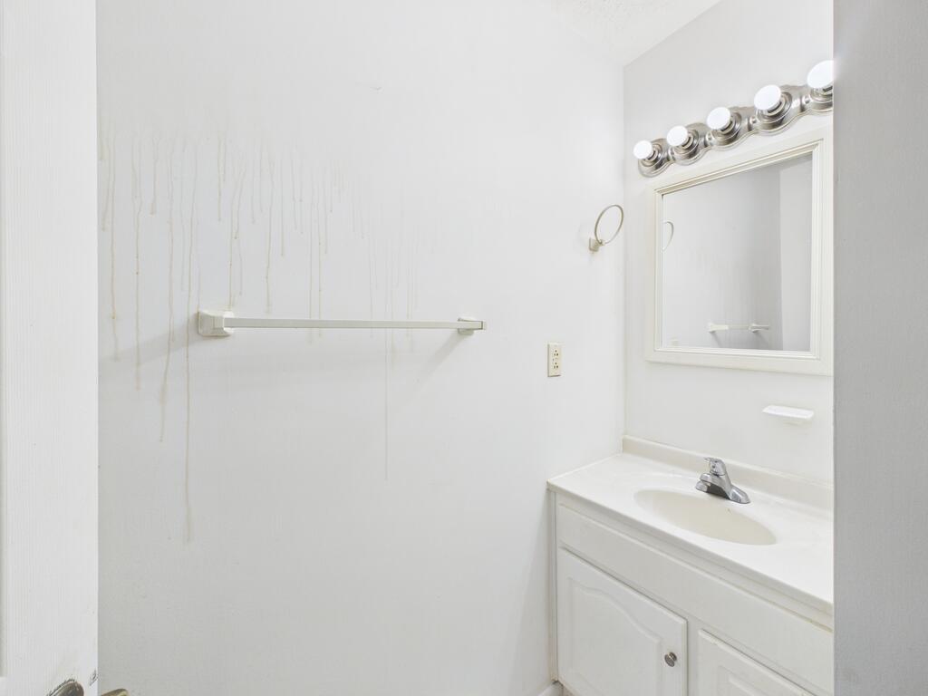Bathroom with a white vanity and mirror; vertical stains mark the wall above the towel bar.