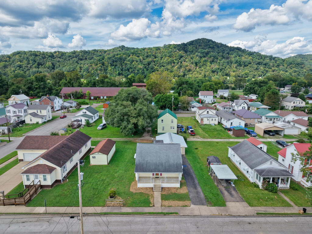 Aerial view of a home facing the street, with neighboring houses and a wooded mountain ridge behind it.