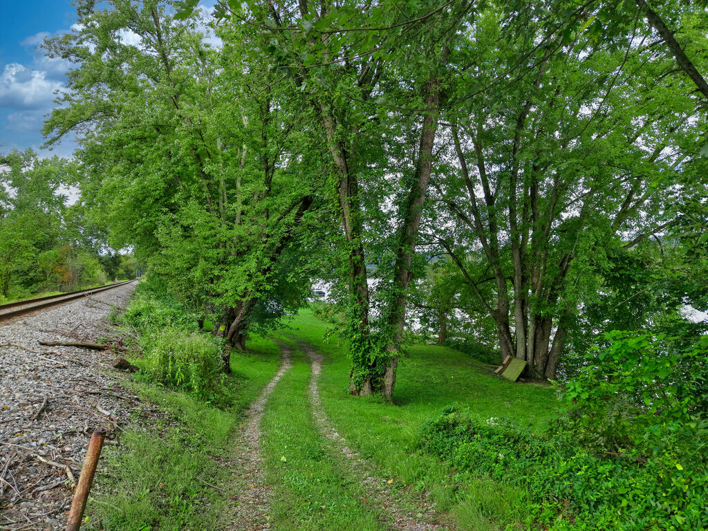 Wooded river lot with a grassy path, water through the trees, and railroad tracks nearby.