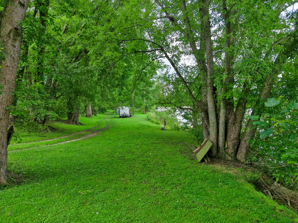 Grassy river lot beneath mature trees, with a trailer near the water.