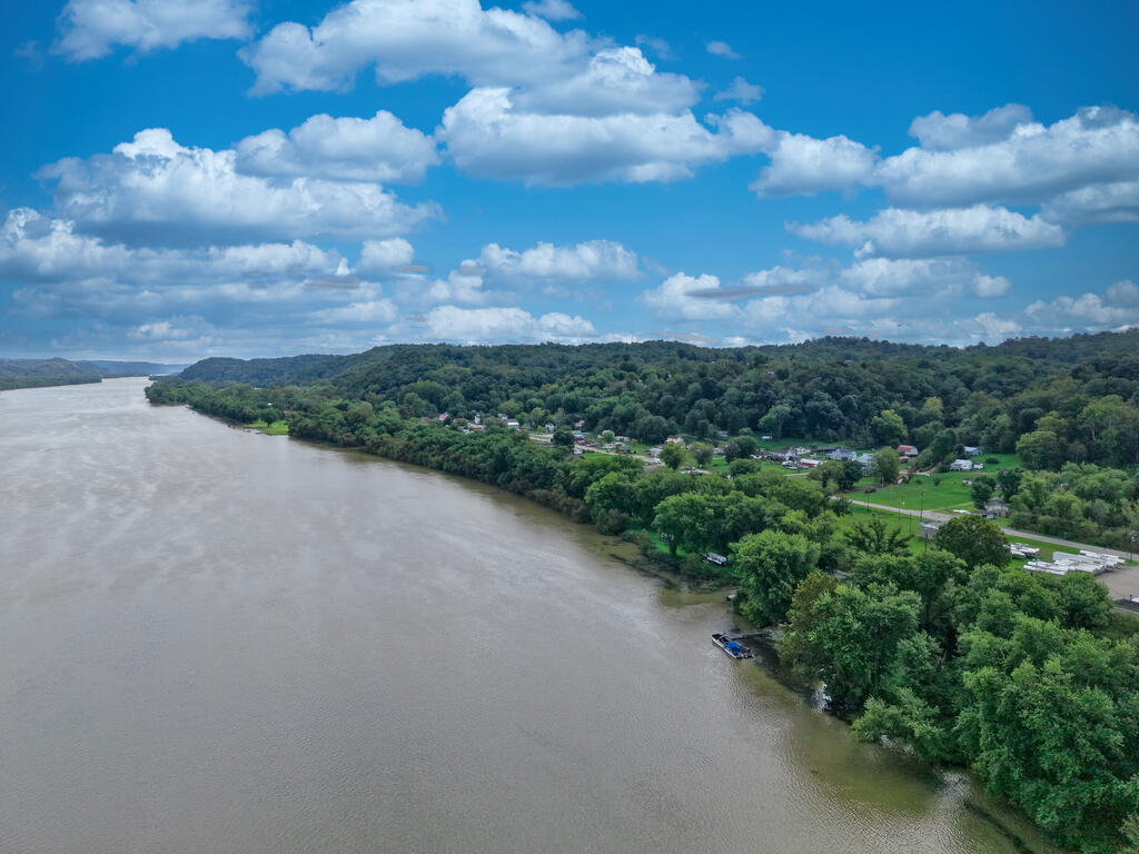 Aerial view of a river and wooded shoreline, with homes and roads nearby.