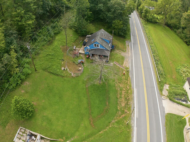 Aerial view of a blue house on a grassy lot beside a tree-lined road.