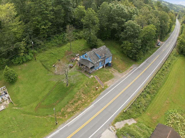 Blue two-story house on a wooded grassy lot beside a two-lane road.