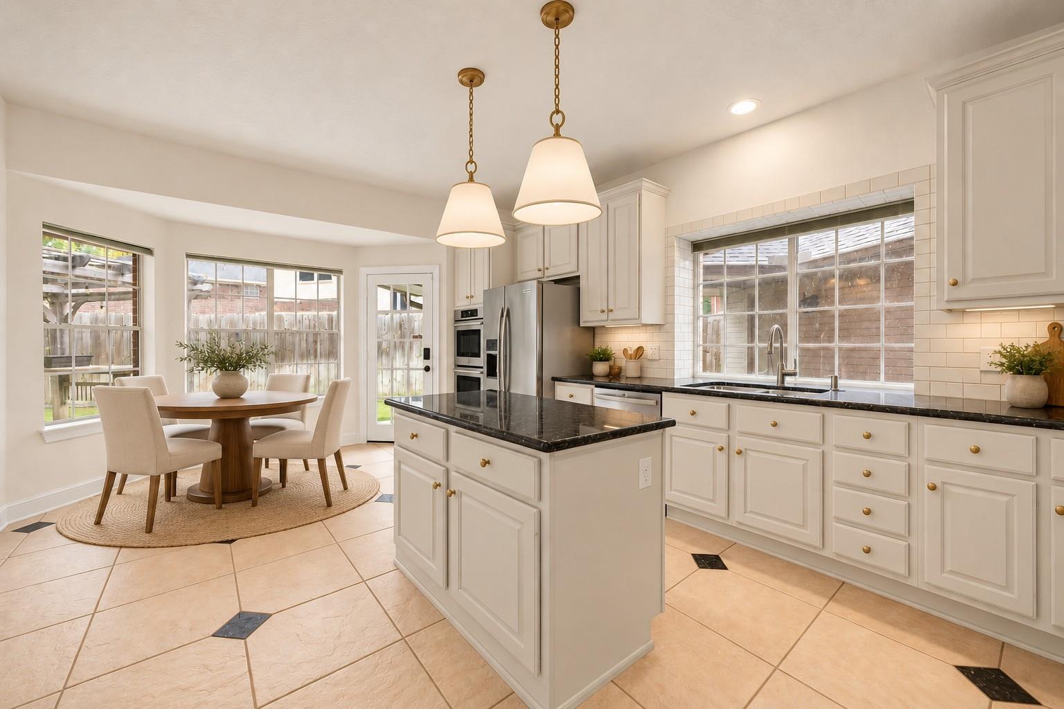 Bright kitchen with a black-countertop island, white cabinetry, and an adjacent round dining table.