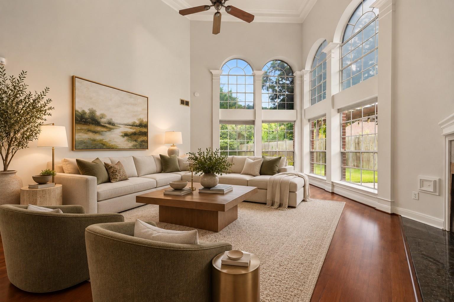 Living room with a cream sectional, vaulted ceiling, and tall arched windows.