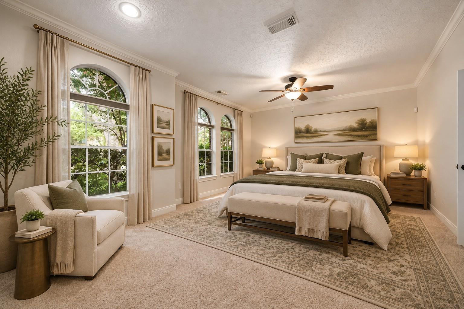 Staged bedroom with a large bed, upholstered bench, and arched windows overlooking leafy greenery.