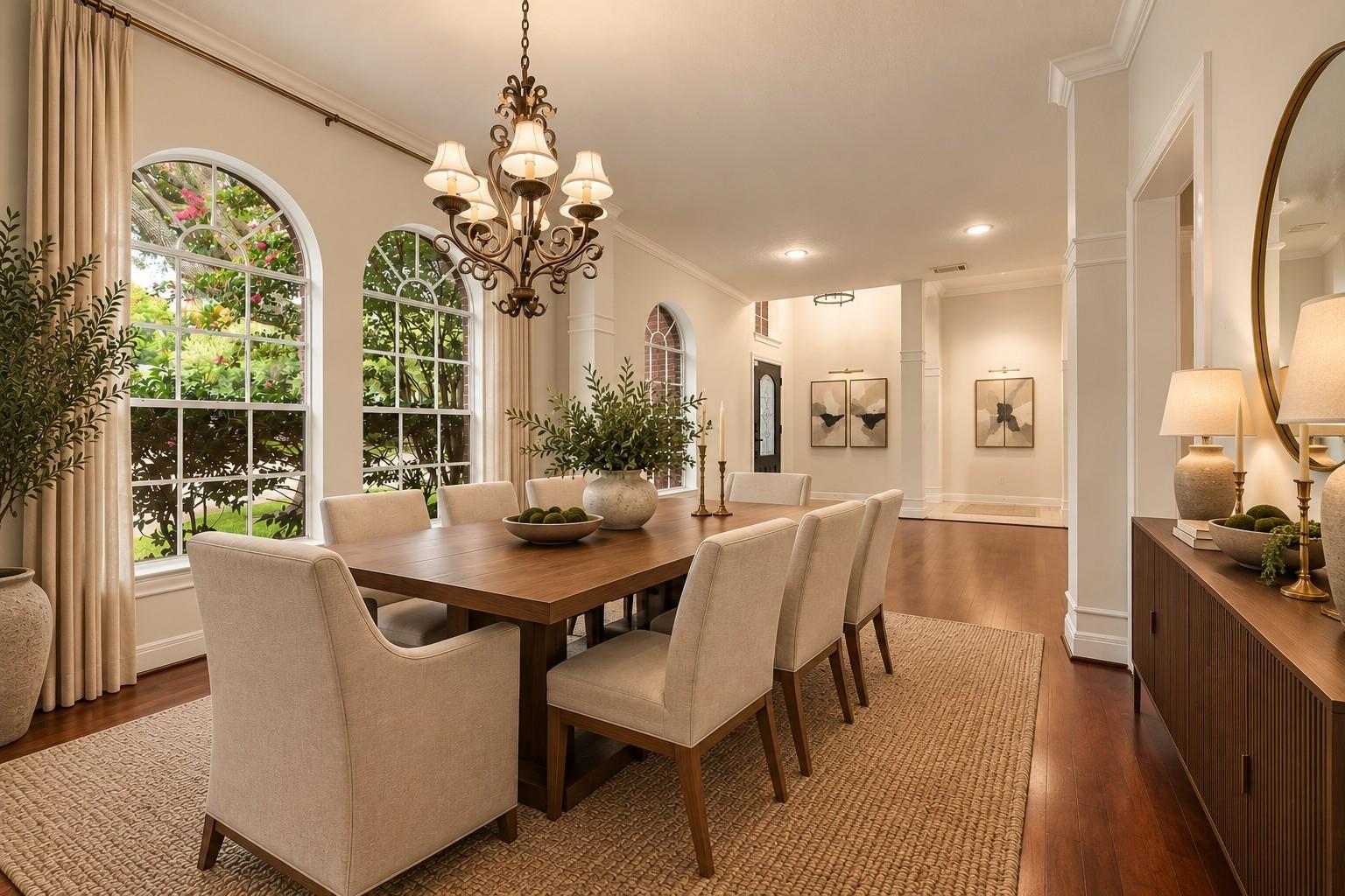 Dining room with a dark wood table beneath a chandelier and tall arched windows overlooking greenery.