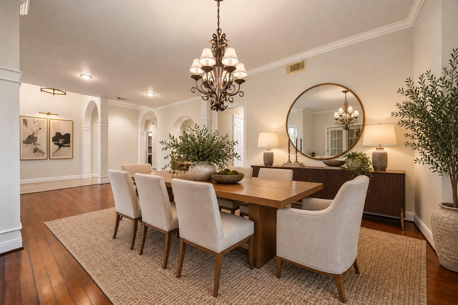 Staged dining room with a long wooden table, ornate chandelier, round mirror, and arched openings.