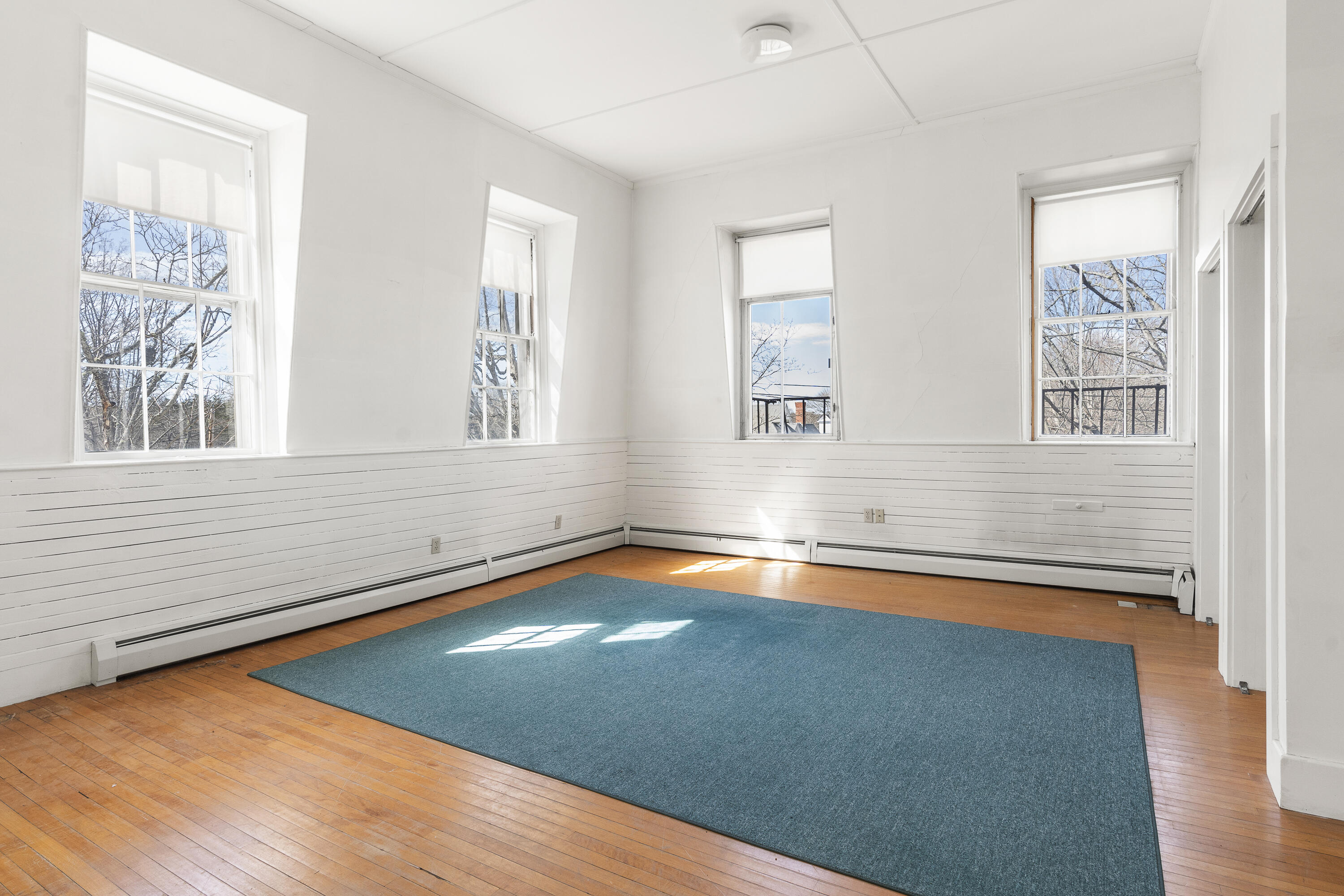 Bright vacant room with tall windows, white paneled walls, hardwood floors, and a large teal rug.