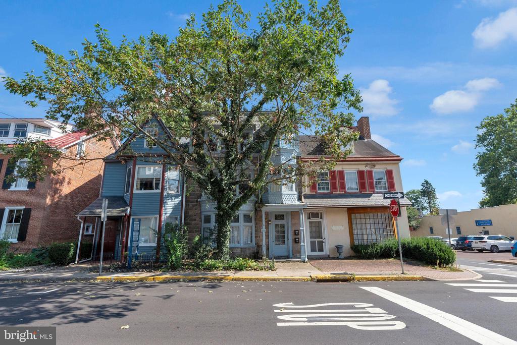 Attached street-front buildings partly obscured by a large leafy tree, with a stop sign at the corner.