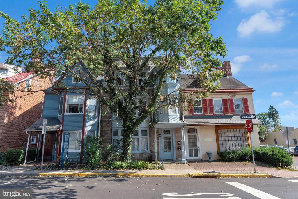 Attached street-front buildings with a large tree obscuring the central facade and a stop sign at the corner.