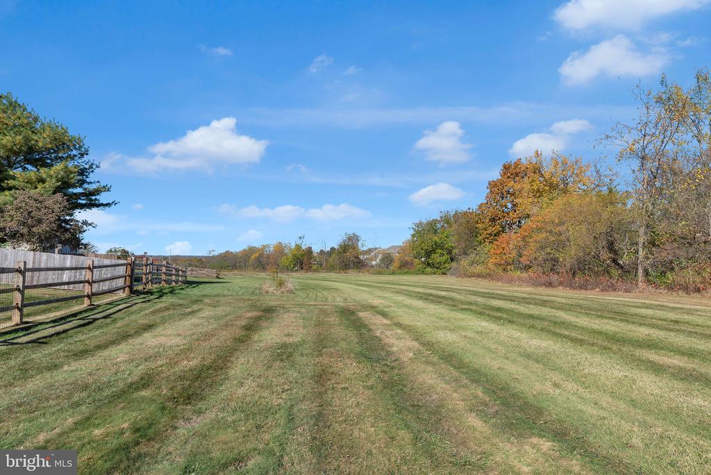 Broad mowed yard bordered by a wooden fence and autumn trees.