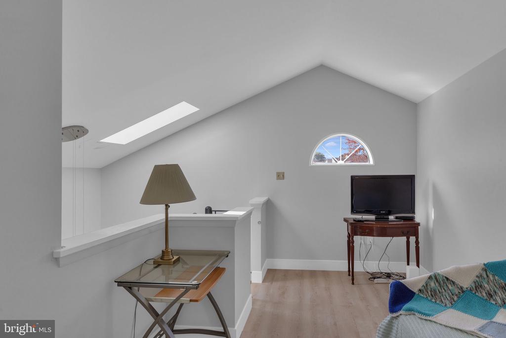Furnished loft sitting area with a skylight, arched window, TV, desk, and partial sofa.