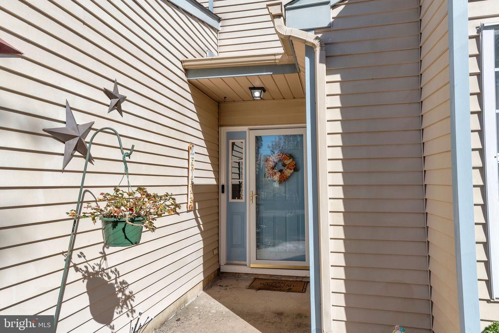 Covered home entrance with a blue glass door, wreath, star decorations, and hanging planter.