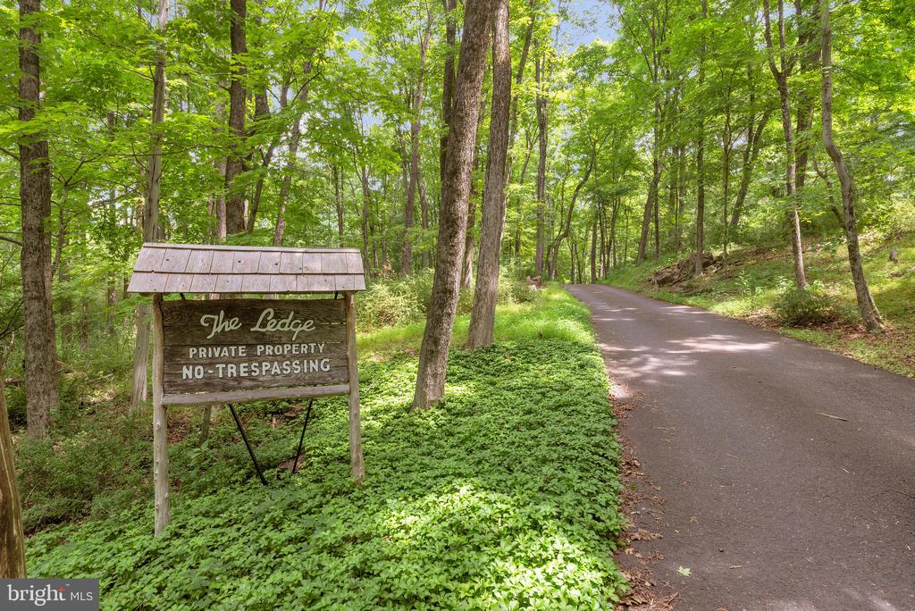 Wooded property entrance with a paved driveway and a sign reading “The Ledge.”