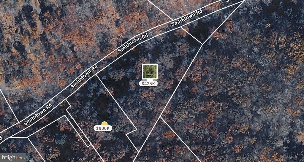 Aerial view of wooded property parcels beside Smithtown Road, with boundaries and price markers.