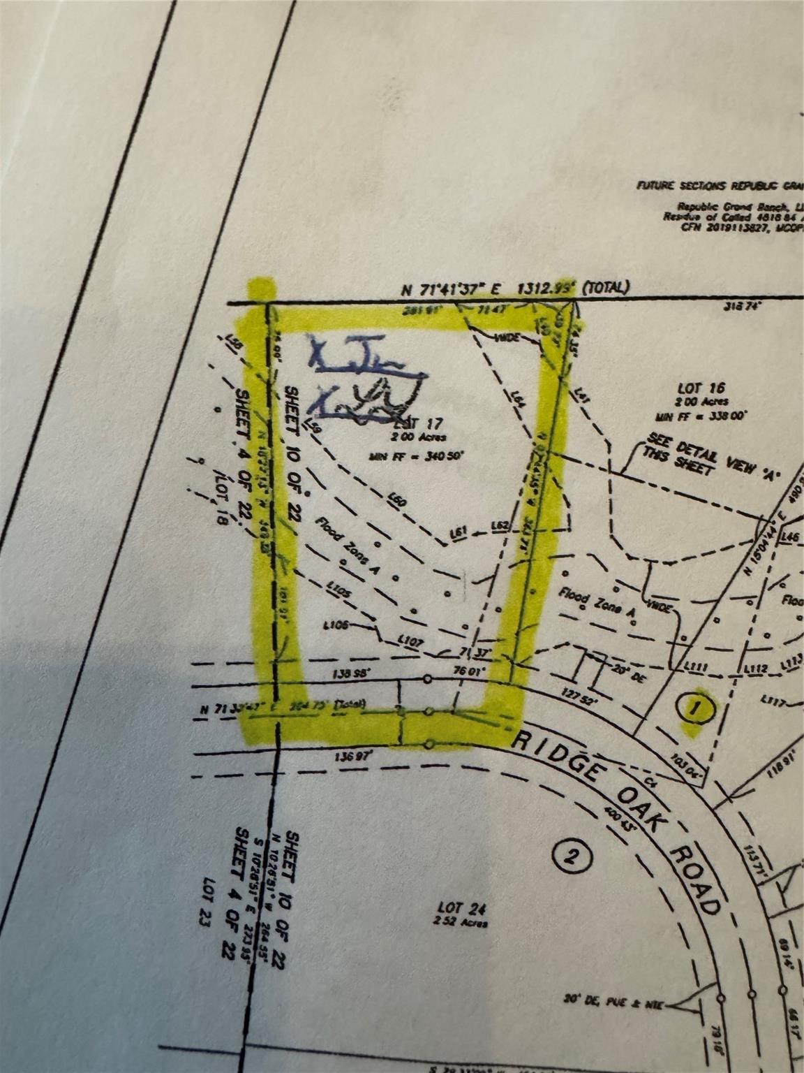 Plat map with Lot 17 highlighted in yellow along Ridge Oak Road.