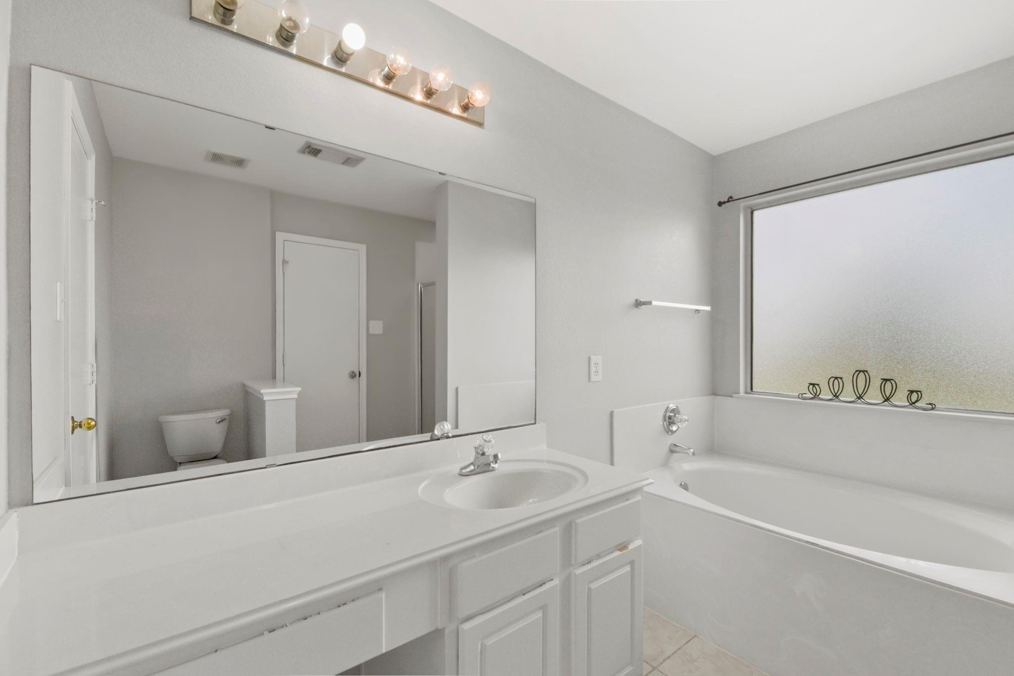 Vacant bathroom with a white vanity, large mirror, and bathtub beneath a wide window.