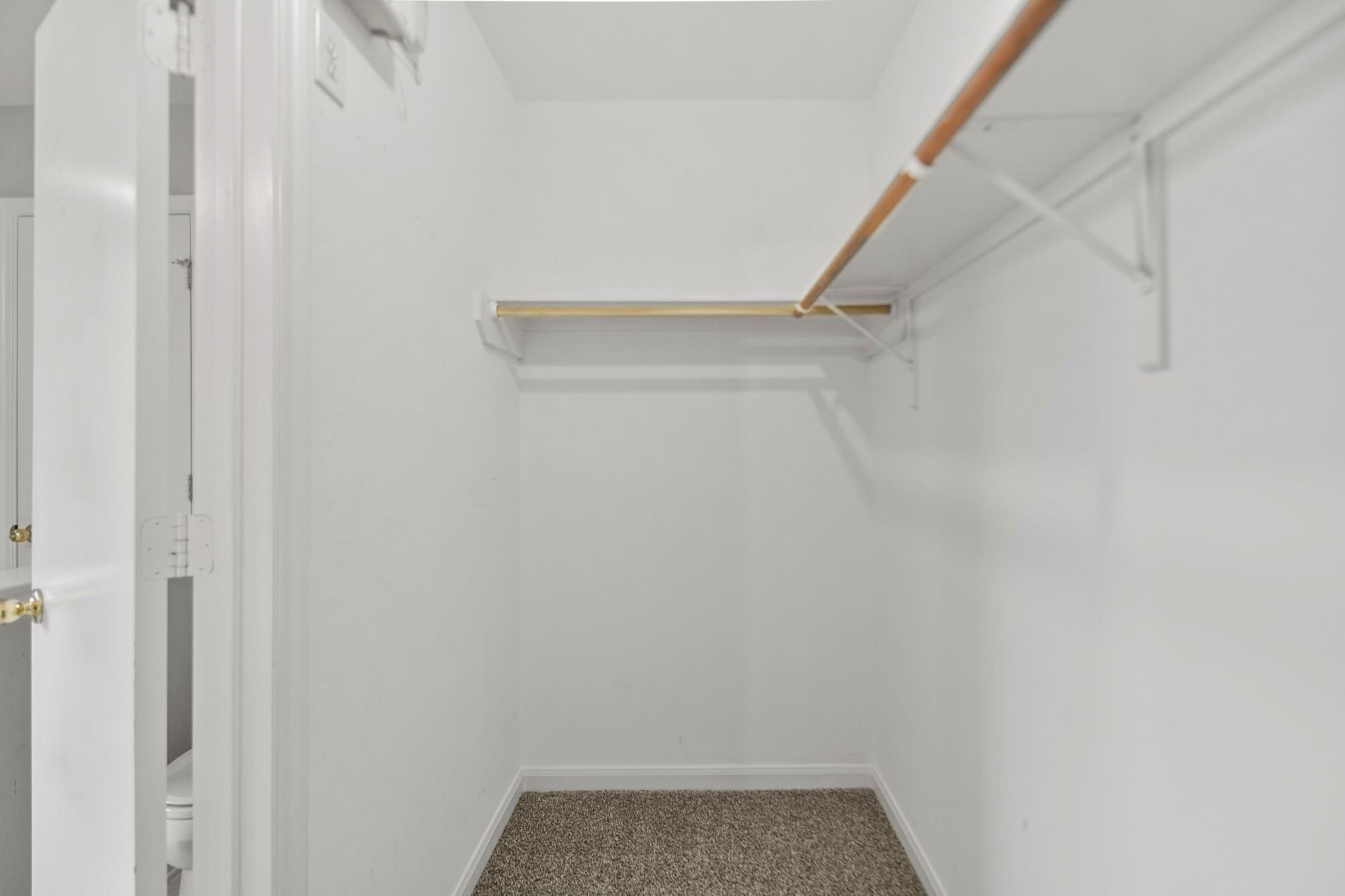 Empty walk-in closet with carpeted floor and two wooden hanging rods.