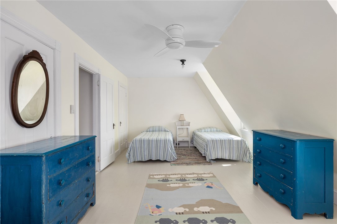 Bedroom with two single beds and blue dressers beneath a sloped ceiling.
