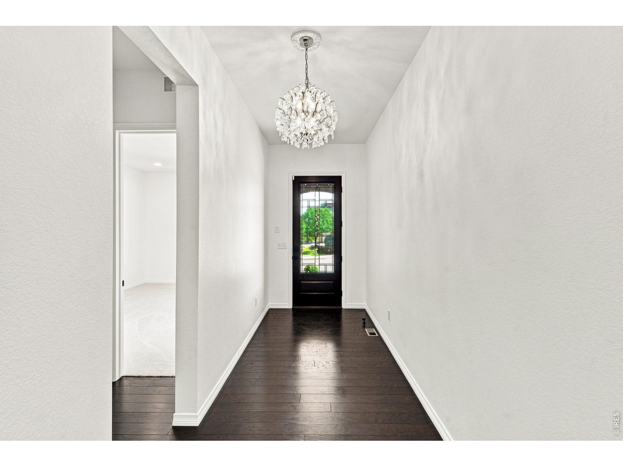 Entry hall with dark hardwood floors, a crystal chandelier, and a black glazed front door.