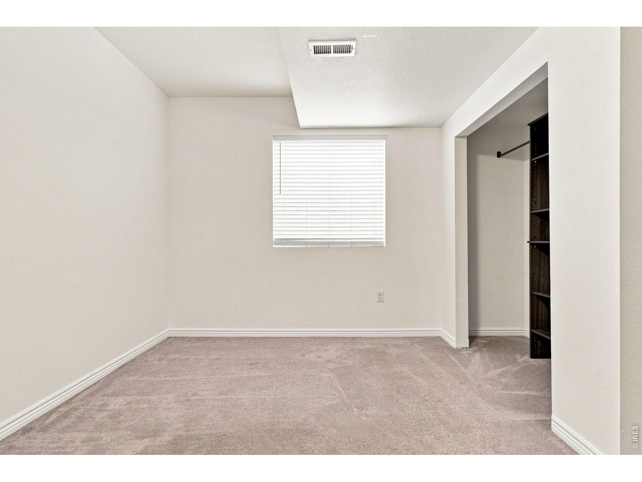 Empty carpeted bedroom with a window and an open closet with dark shelving.