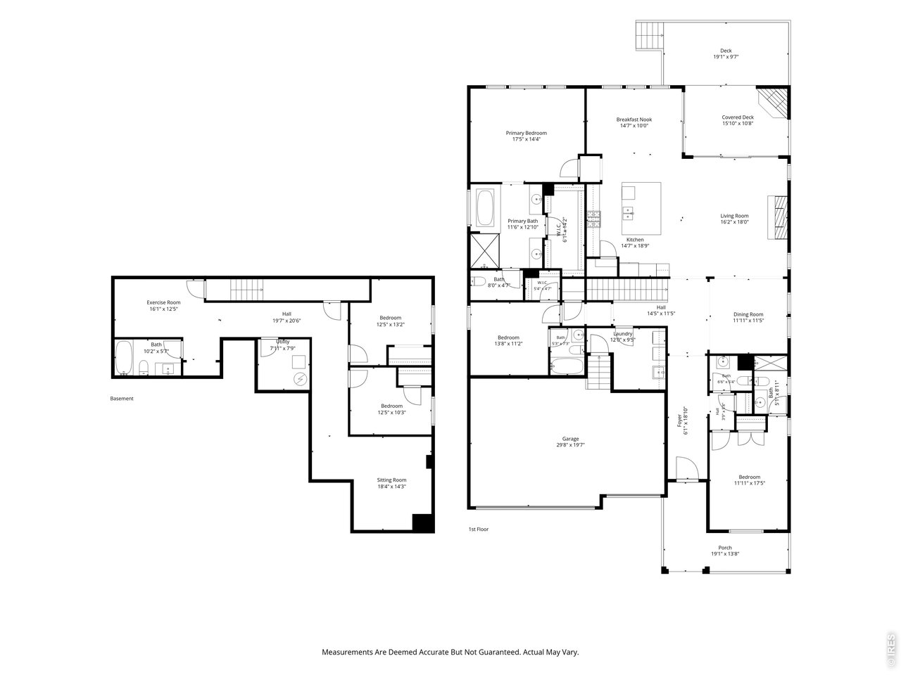 Two-level home floor plan with labeled rooms, dimensions, a garage, deck, and porch.