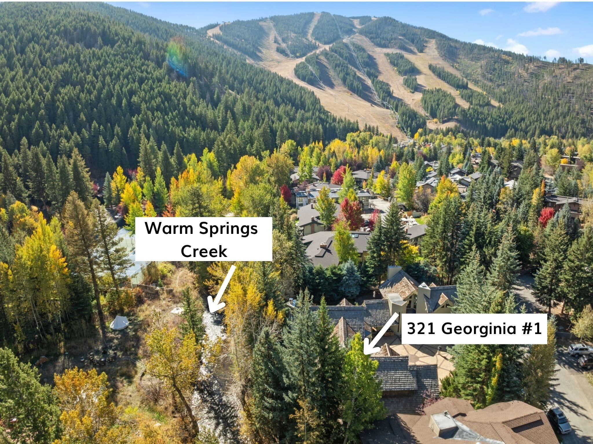 Aerial view of 321 Georginia #1 beside Warm Springs Creek, amid autumn trees below ski runs.