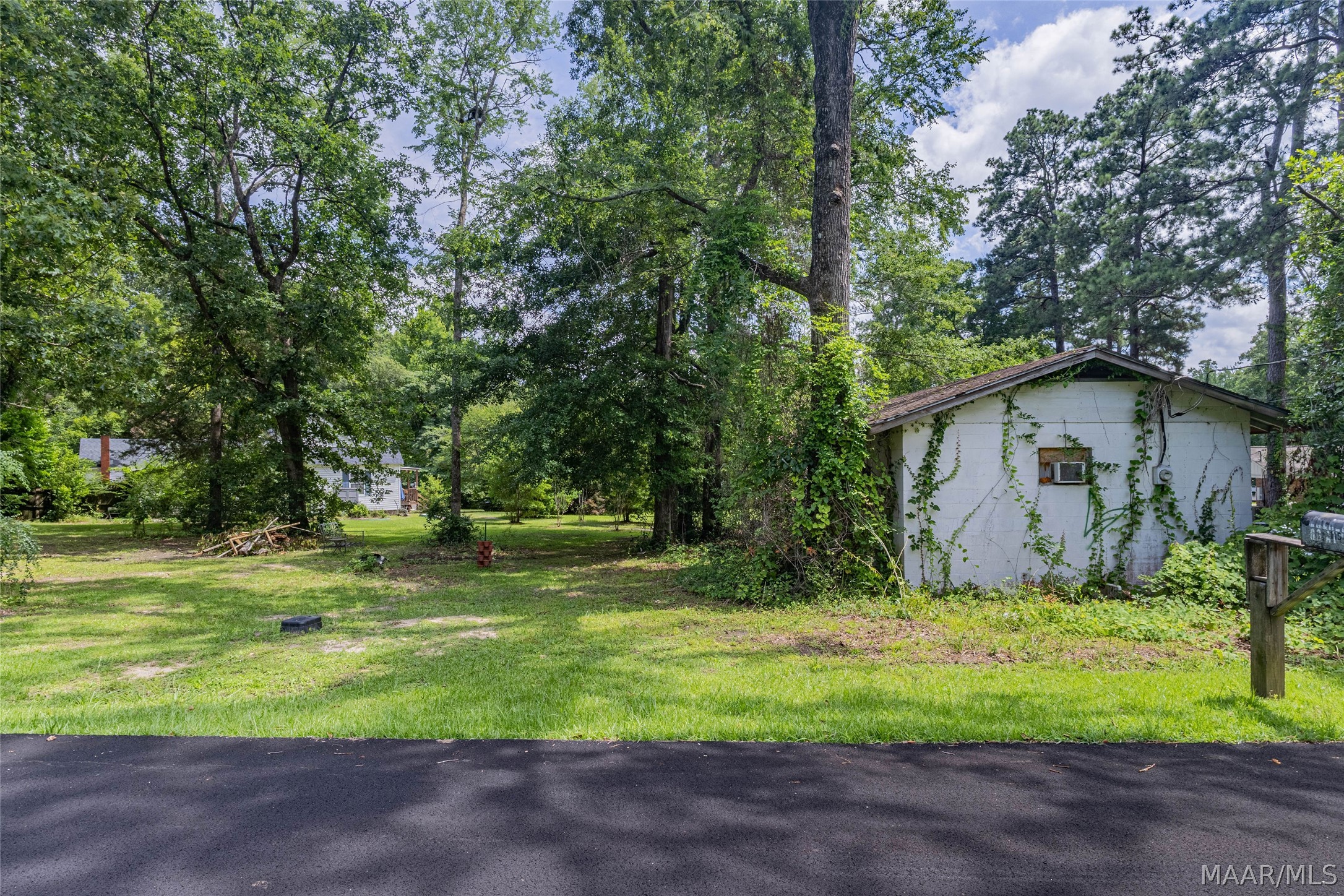 Grassy, tree-shaded property yard with a vine-covered white outbuilding beside the road.