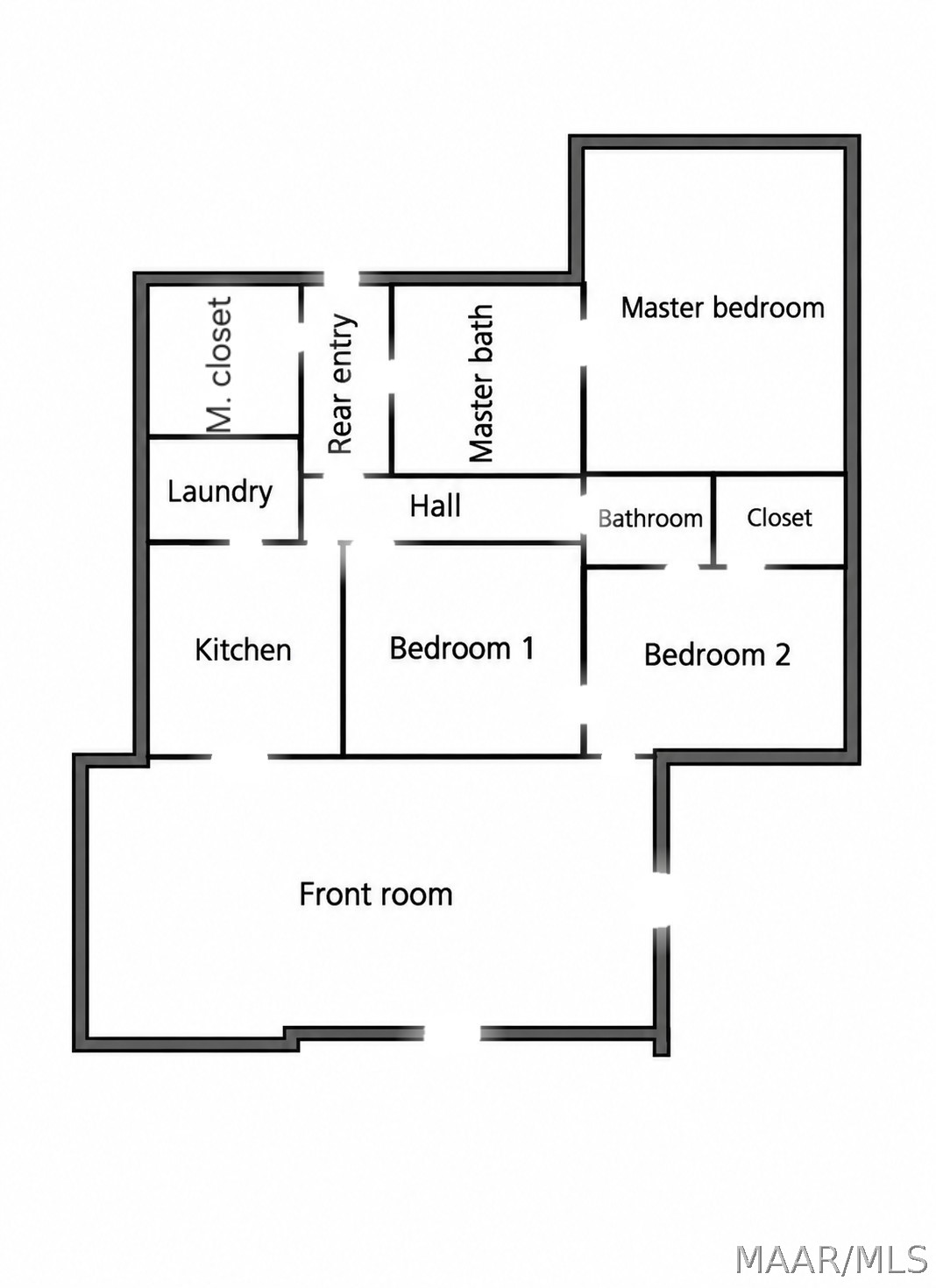 Floor plan showing a front room, kitchen, three bedrooms, two bathrooms, laundry, closets, hall, and rear entry.