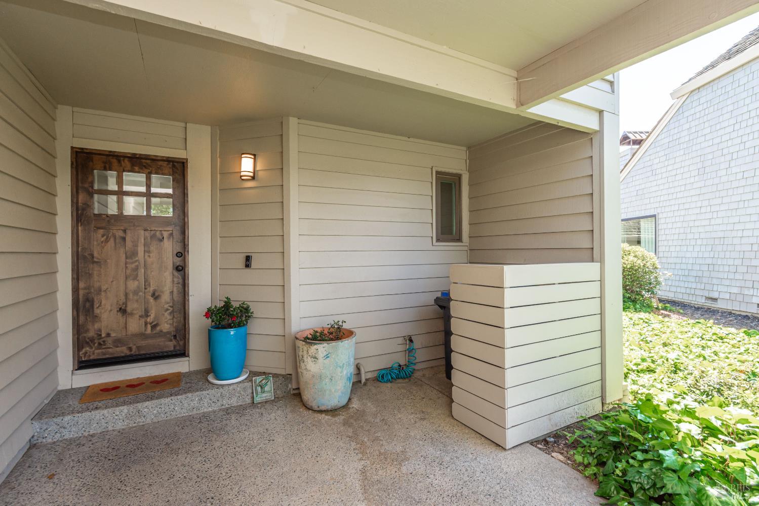 Covered home entry with a rustic wood door, light siding, and potted plants.