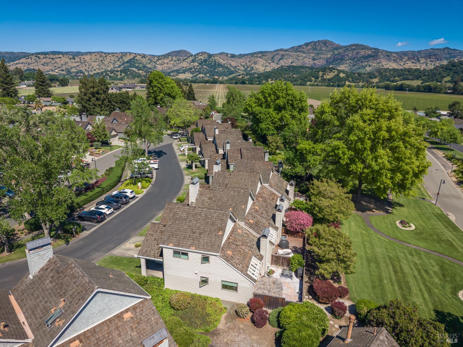 Aerial view of Yountville homes, landscaped yards, vineyards, and mountains beyond.