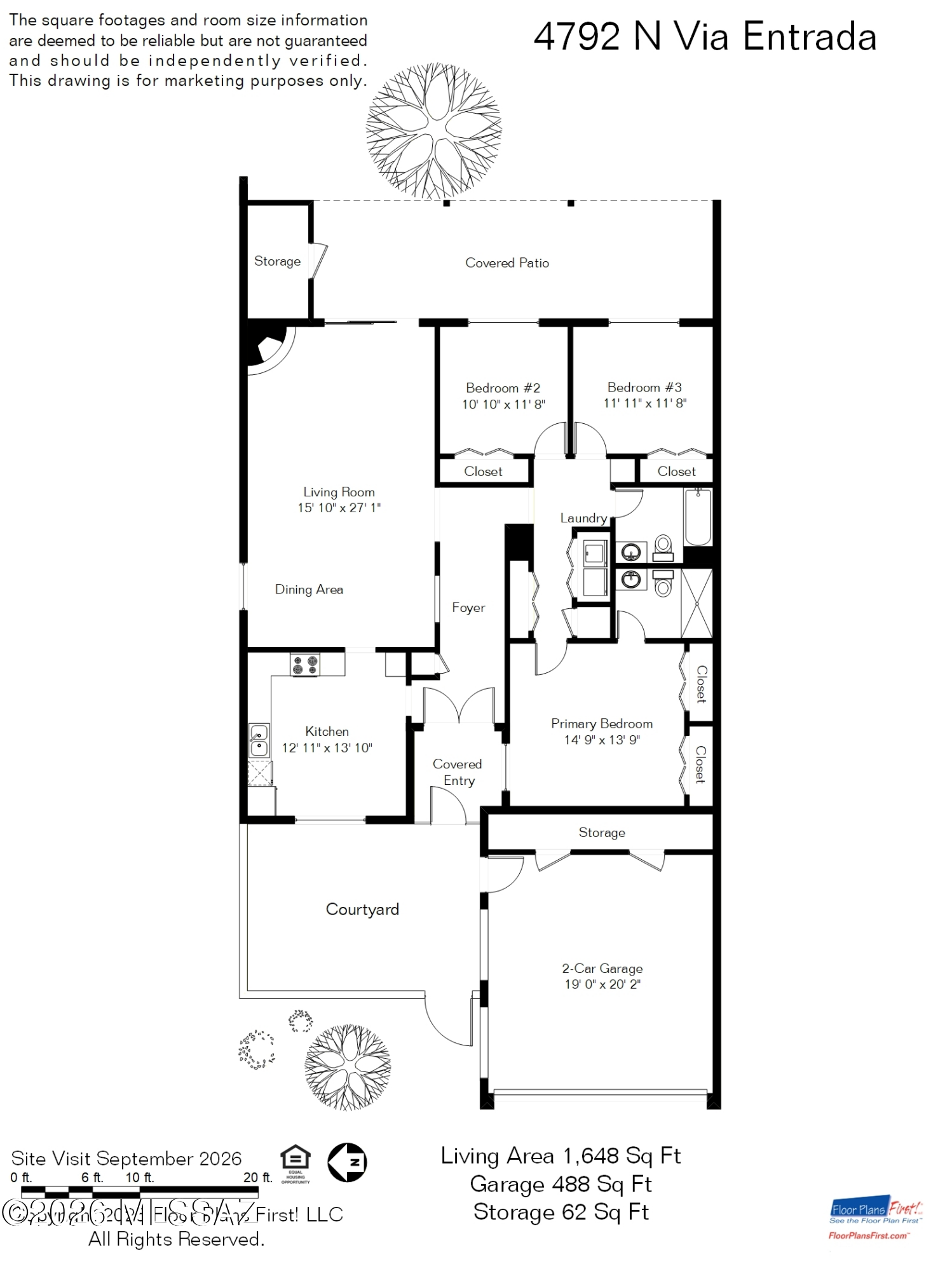 Floor plan of 4792 N Via Entrada showing three bedrooms, a courtyard, covered patio, and two-car garage.