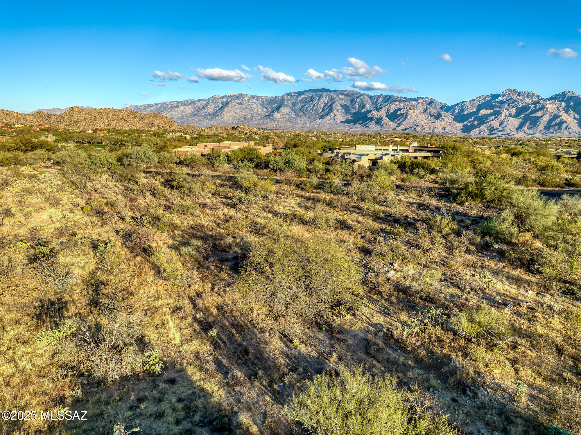 Vacant desert lot with scrubland, neighboring homes, and mountains in the distance.