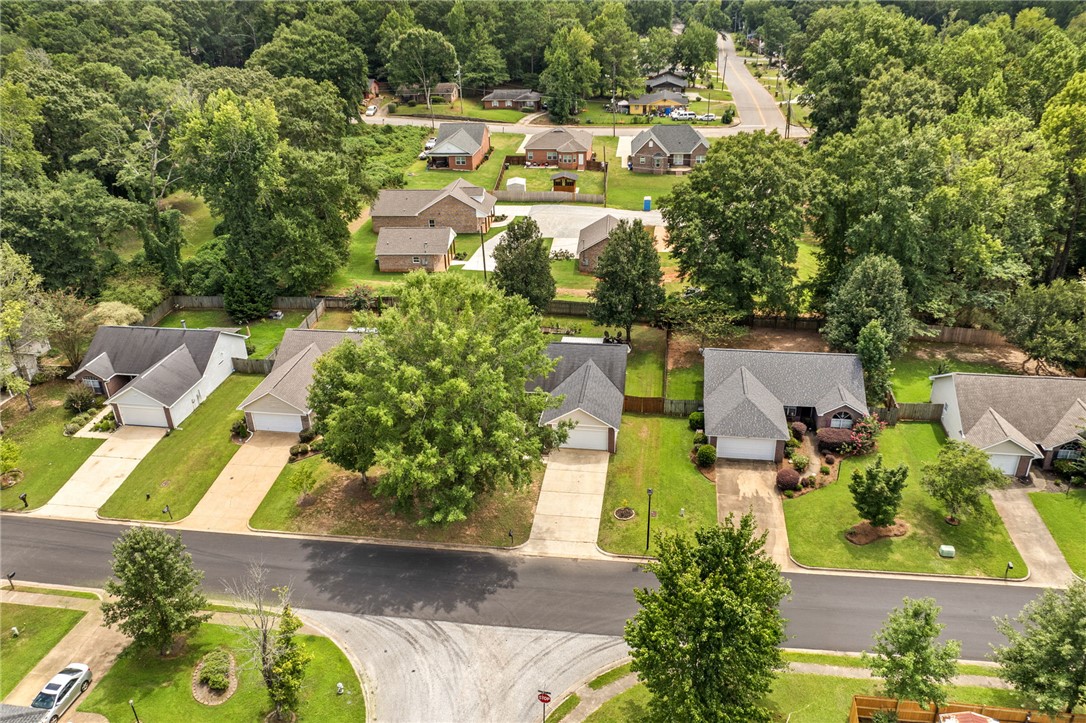Aerial view of a residential street lined with homes and mature trees.